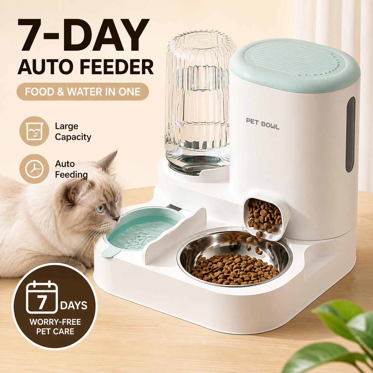 7-day auto pet feeder and water bowl combo, 2-in-1 automatic food and water dispenser for cats and dogs