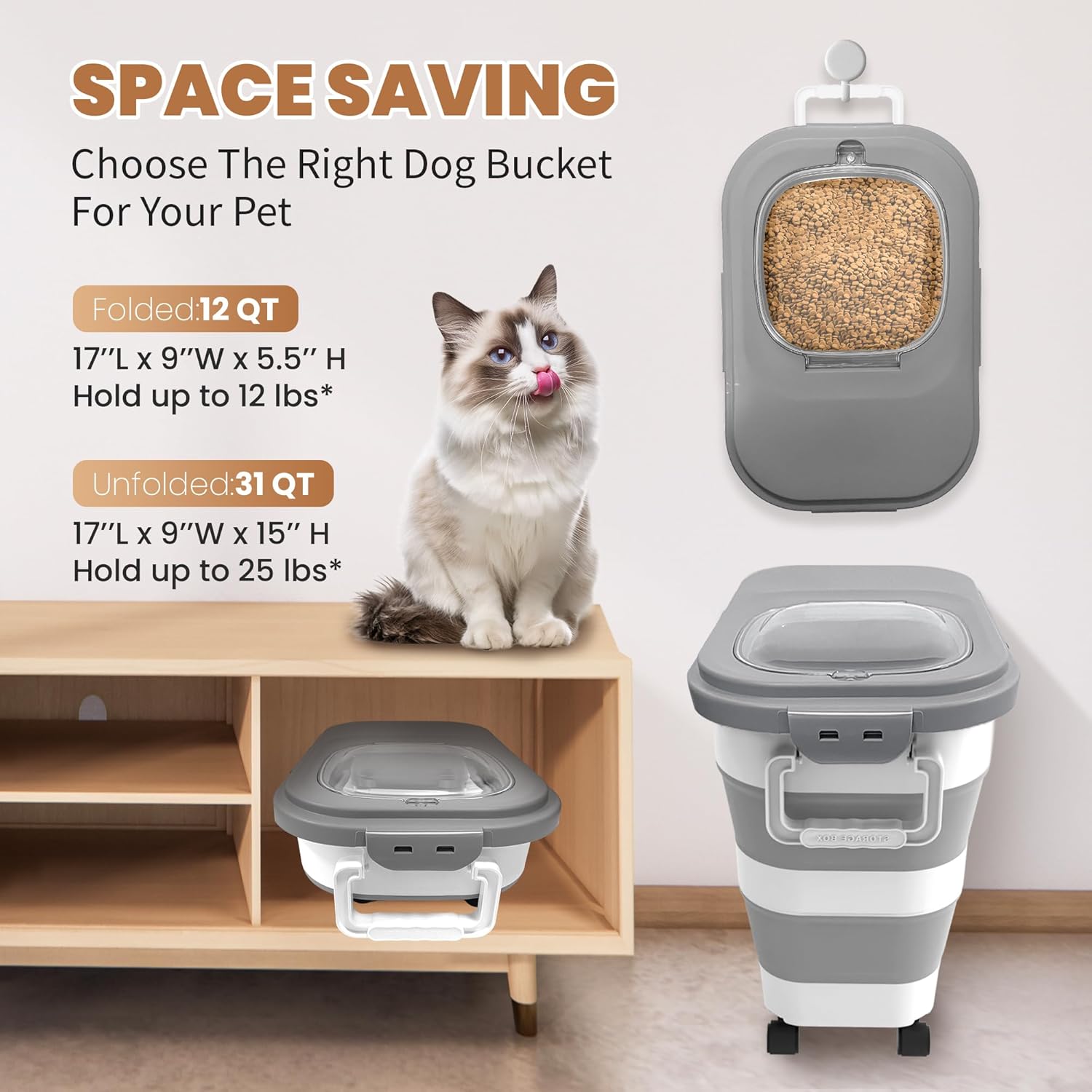 Catfeeders 23-25 Lbs Airtight Dog Food Storage Container,Collapsible Dog Food Container with Lid,Wheels,Handle,Large Pet food storage Container with Scoop,Small Food Container for Pet