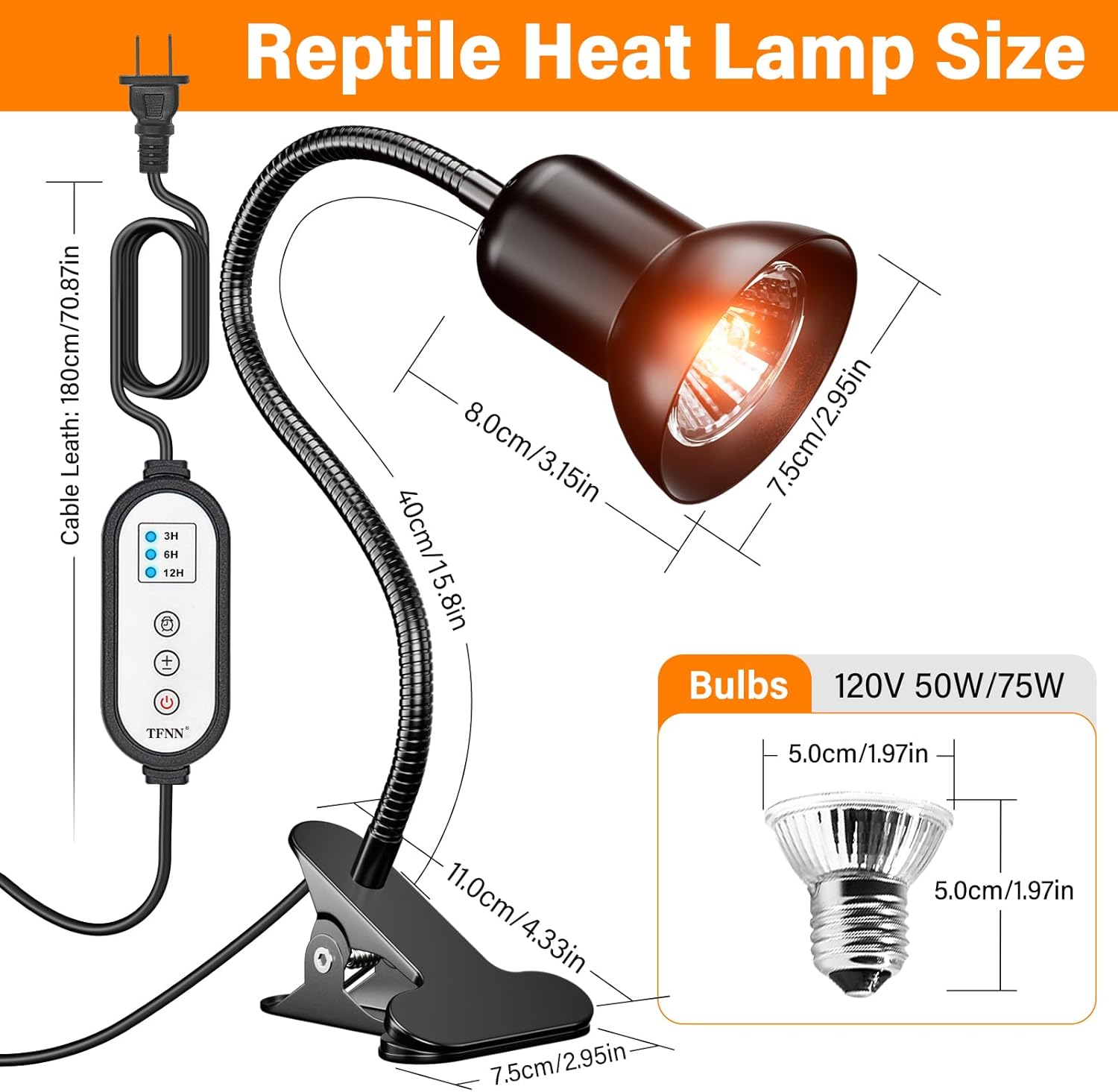 Reptile Heat Lamp with Clamp & Timer | UVA UVB Basking Light for Turtle Bearded Dragon Lizard | 50W+75W Bulbs | 360° Swan Neck | PawPlayHub