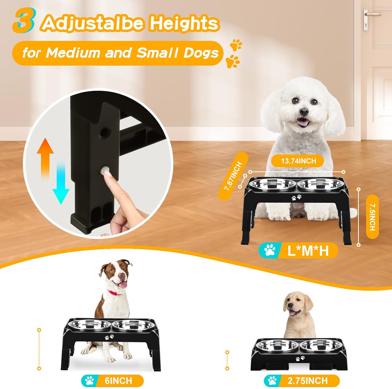 COMESOON  Dog feeders Raised Dog Bowls, 4 Height Adjustable Elevated Dog Bowls with 2 Thick Stainless Steel 50oz Dog Food Bowls for Large Medium Dogs Adjusts to 3.7", 9.2", 10.75", 12.36"- Black