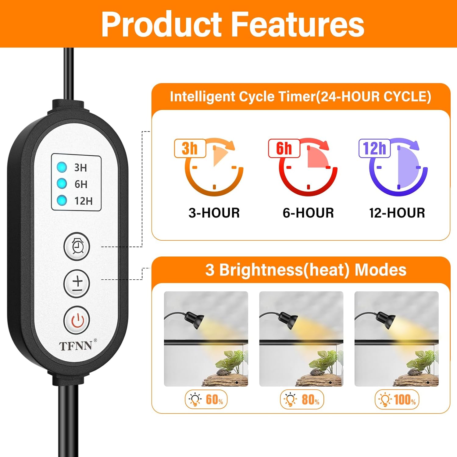 Reptile Heat Lamp with Clamp & Timer | UVA UVB Basking Light for Turtle Bearded Dragon Lizard | 50W+75W Bulbs | 360° Swan Neck | PawPlayHub