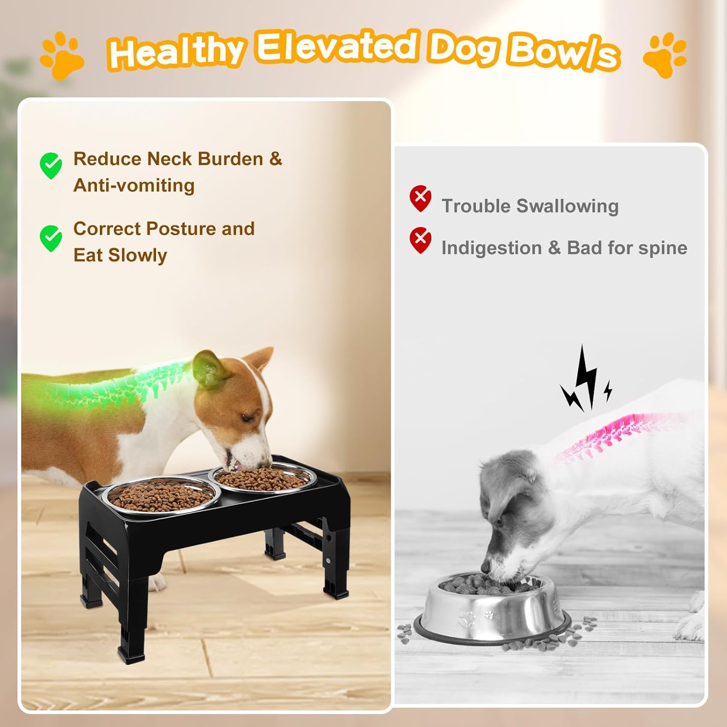 COMESOON  Dog feeders Raised Dog Bowls, 4 Height Adjustable Elevated Dog Bowls with 2 Thick Stainless Steel 50oz Dog Food Bowls for Large Medium Dogs Adjusts to 3.7", 9.2", 10.75", 12.36"- Black