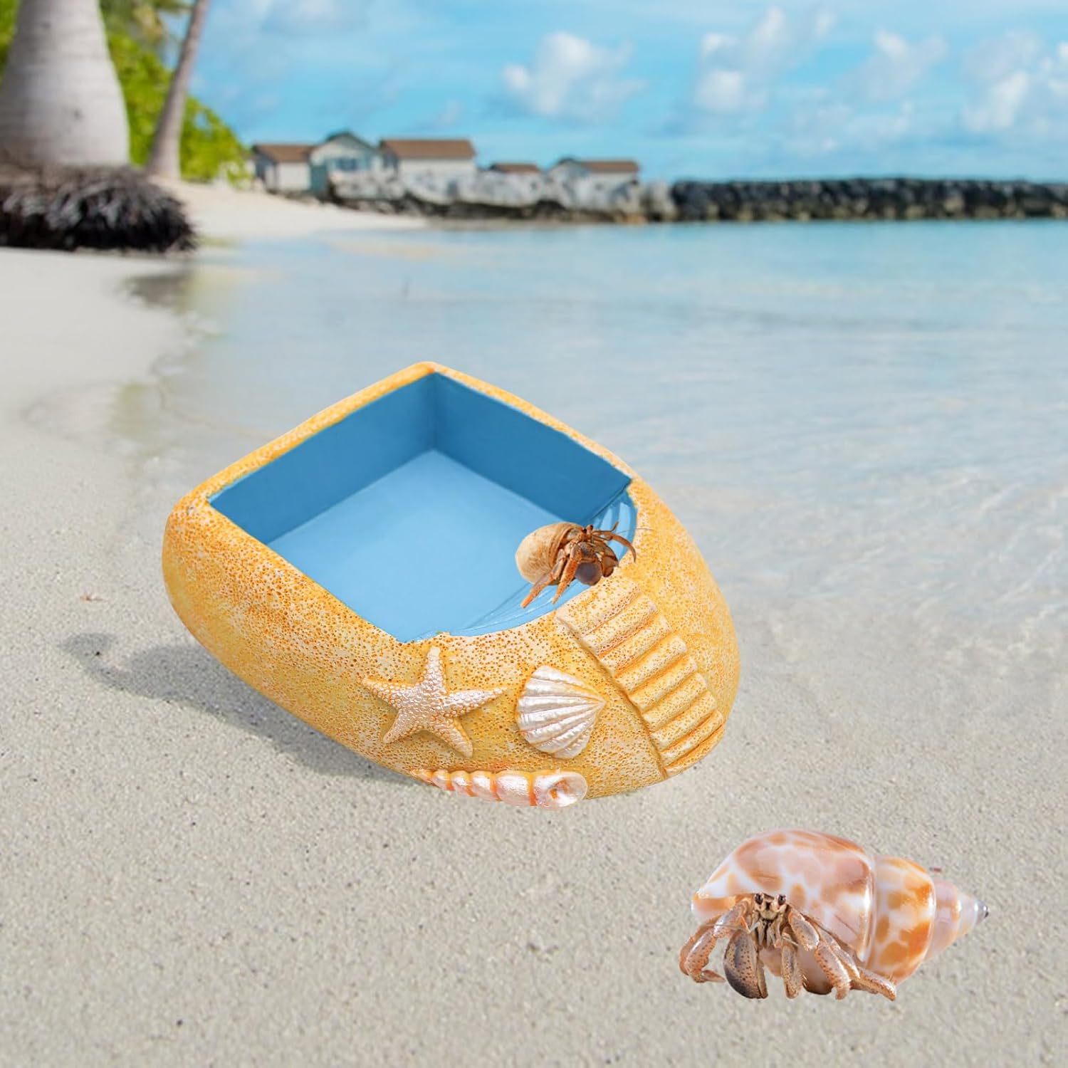 Hermit Crab Water Pool with Climbing Ramp – Resin Bathing Dish Bowl Aquarium Tank Habitat Decor for Hermit Crab Turtle Lizard Small Reptile Terrarium Accessories
