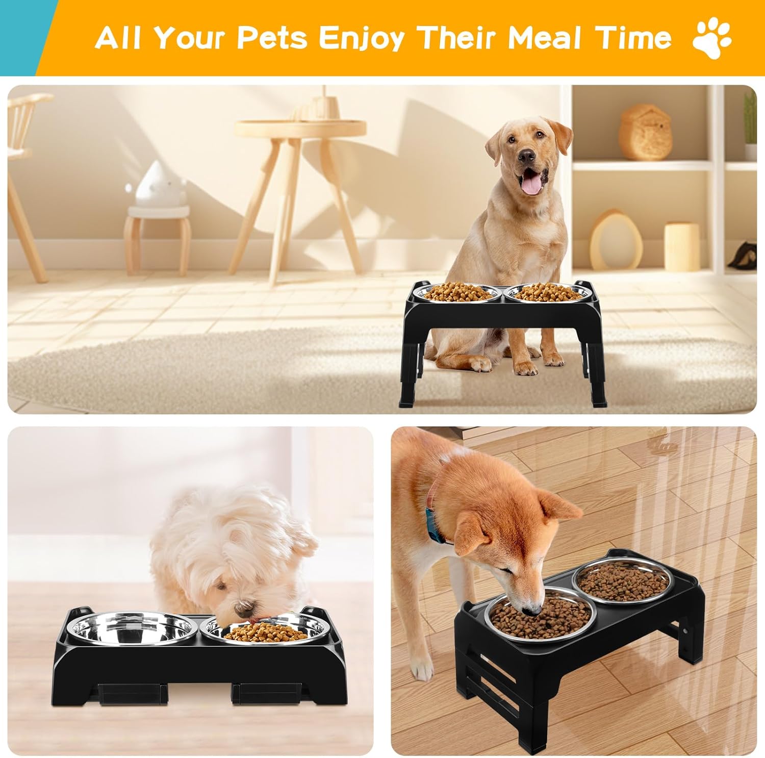 COMESOON  Dog feeders Raised Dog Bowls, 4 Height Adjustable Elevated Dog Bowls with 2 Thick Stainless Steel 50oz Dog Food Bowls for Large Medium Dogs Adjusts to 3.7", 9.2", 10.75", 12.36"- Black