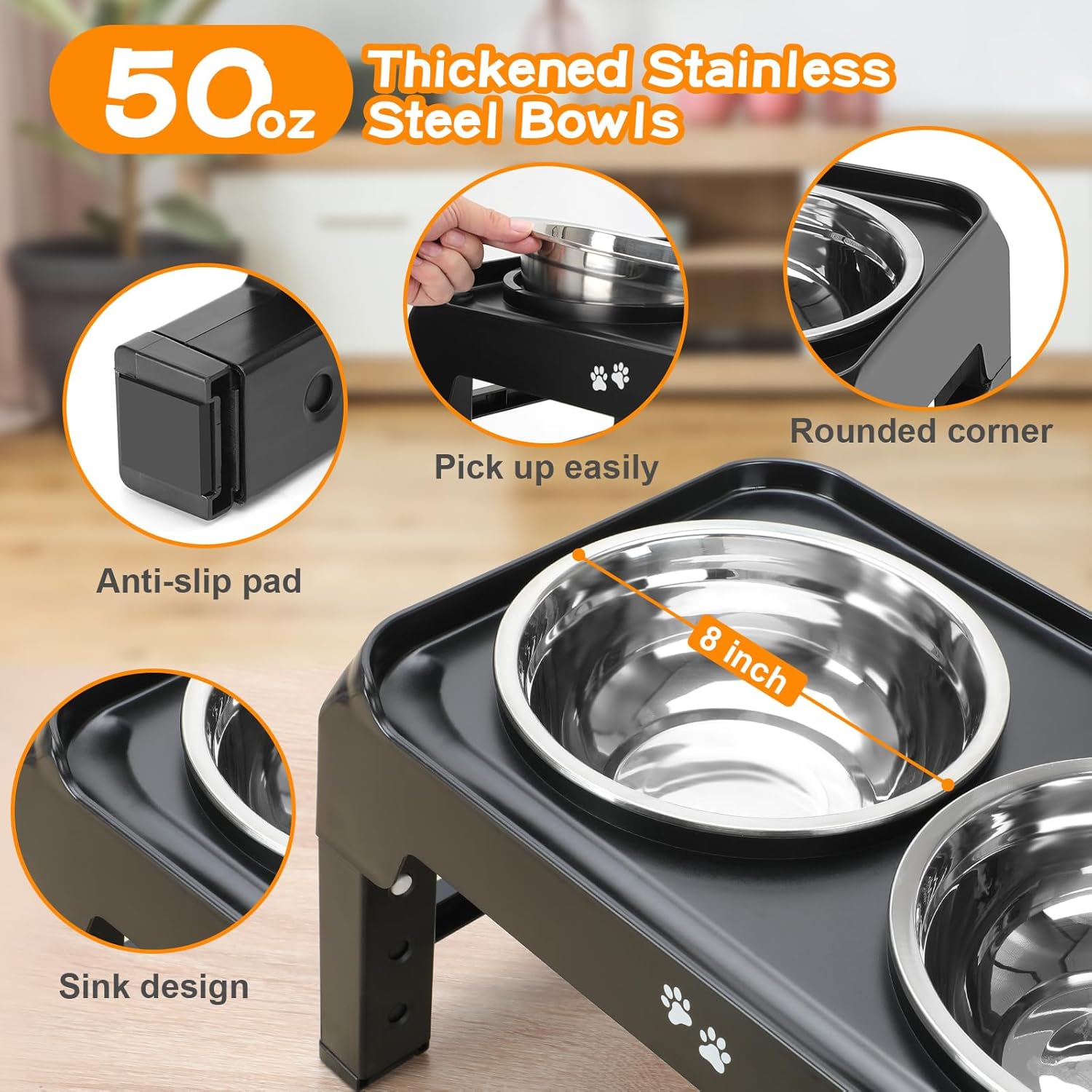 COMESOON  Dog feeders Raised Dog Bowls, 4 Height Adjustable Elevated Dog Bowls with 2 Thick Stainless Steel 50oz Dog Food Bowls for Large Medium Dogs Adjusts to 3.7", 9.2", 10.75", 12.36"- Black