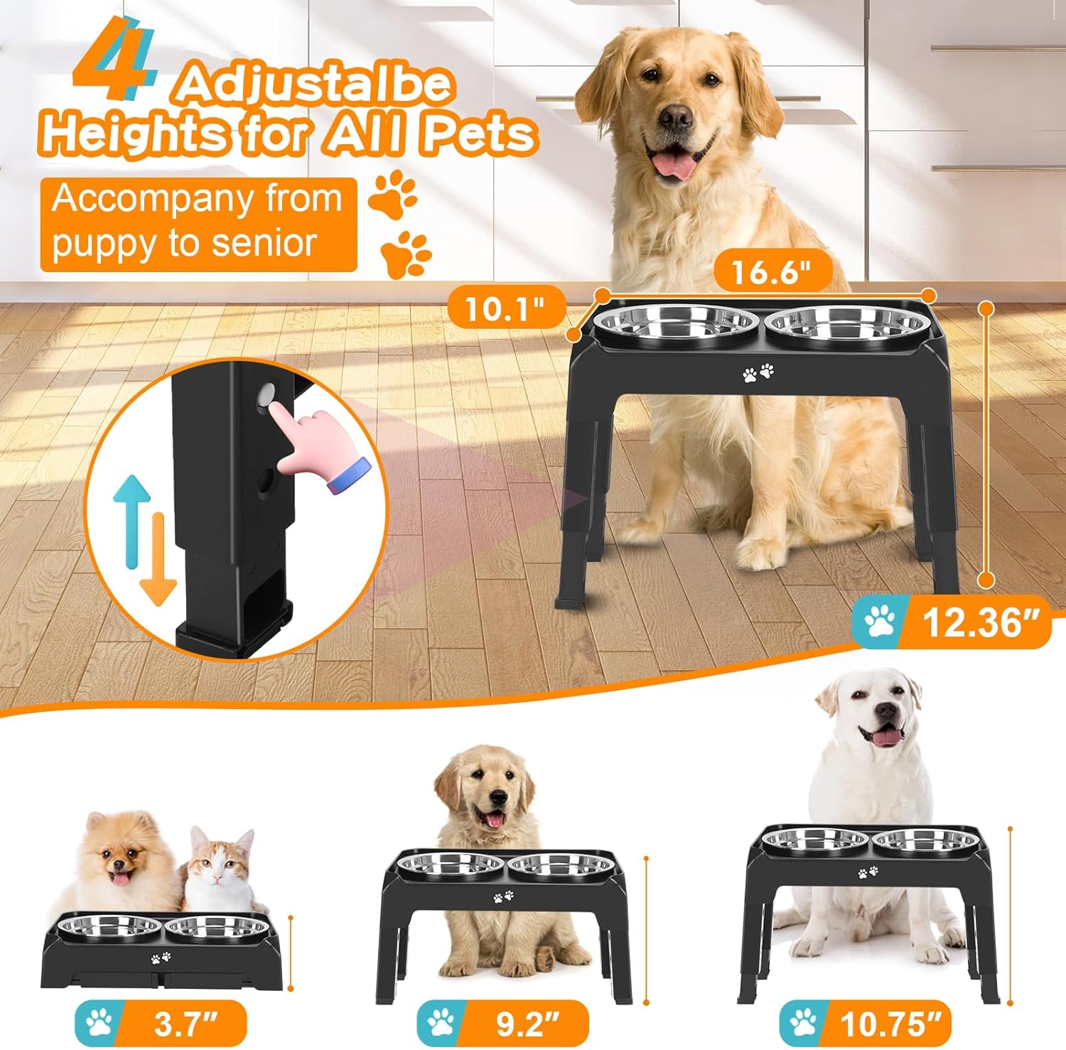 COMESOON  Dog feeders Raised Dog Bowls, 4 Height Adjustable Elevated Dog Bowls with 2 Thick Stainless Steel 50oz Dog Food Bowls for Large Medium Dogs Adjusts to 3.7", 9.2", 10.75", 12.36"- Black