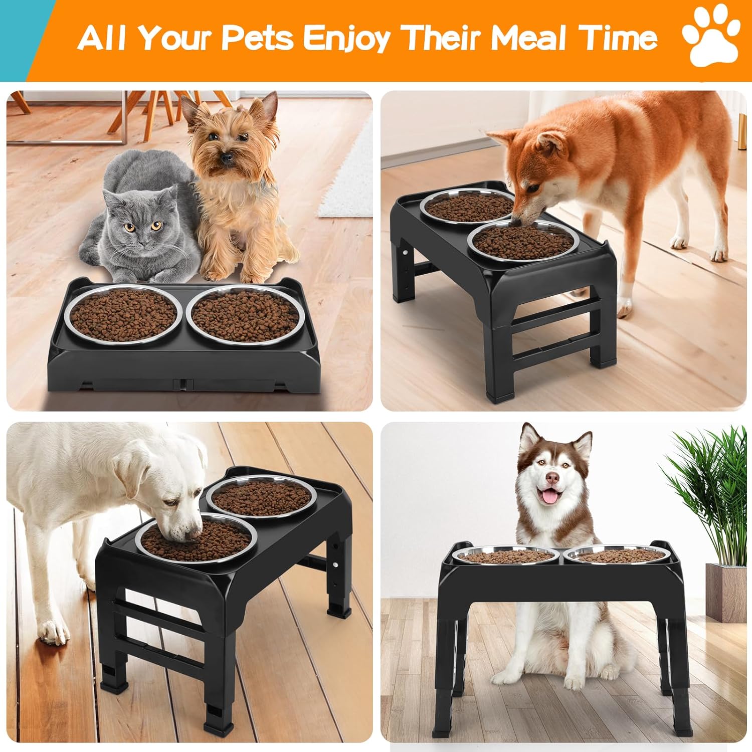 COMESOON  Dog feeders Raised Dog Bowls, 4 Height Adjustable Elevated Dog Bowls with 2 Thick Stainless Steel 50oz Dog Food Bowls for Large Medium Dogs Adjusts to 3.7", 9.2", 10.75", 12.36"- Black