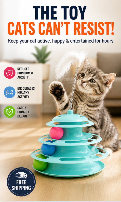 2-in-1 Cat Tur Toy with 3 Rolling Balls & Feather Wand | Interactive Track Tower for Indoor Cats