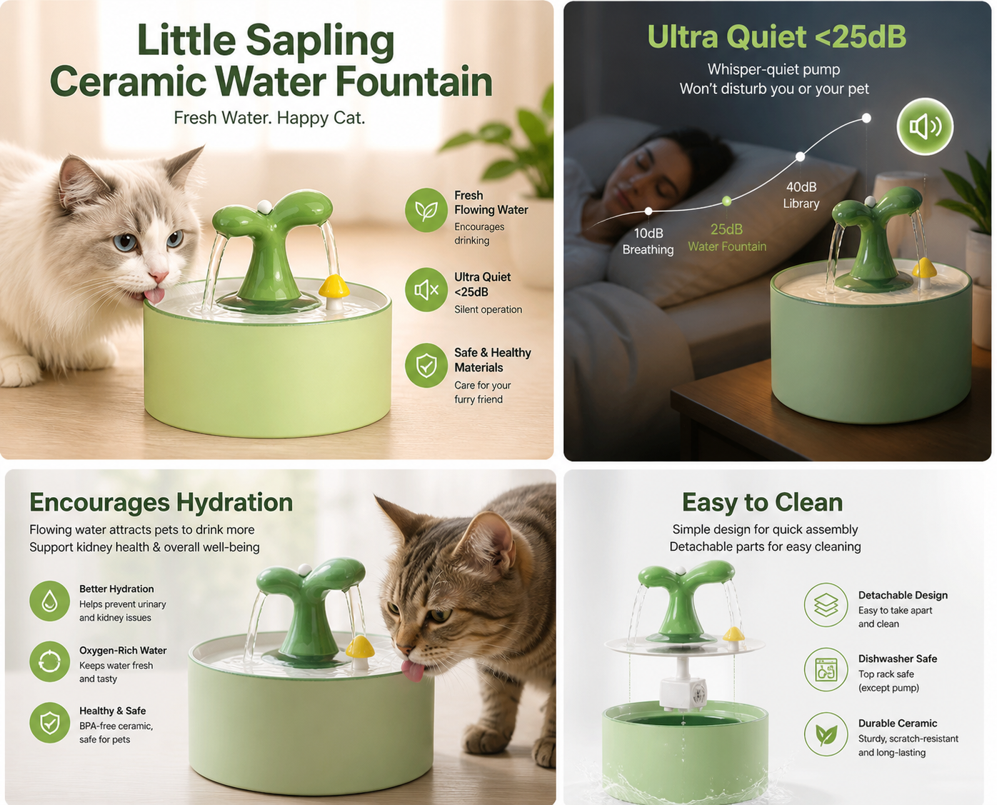 Little Sapling Cat Water Fountain – Ultra Quiet Ceramic Pet Drinking Fountain for Cats