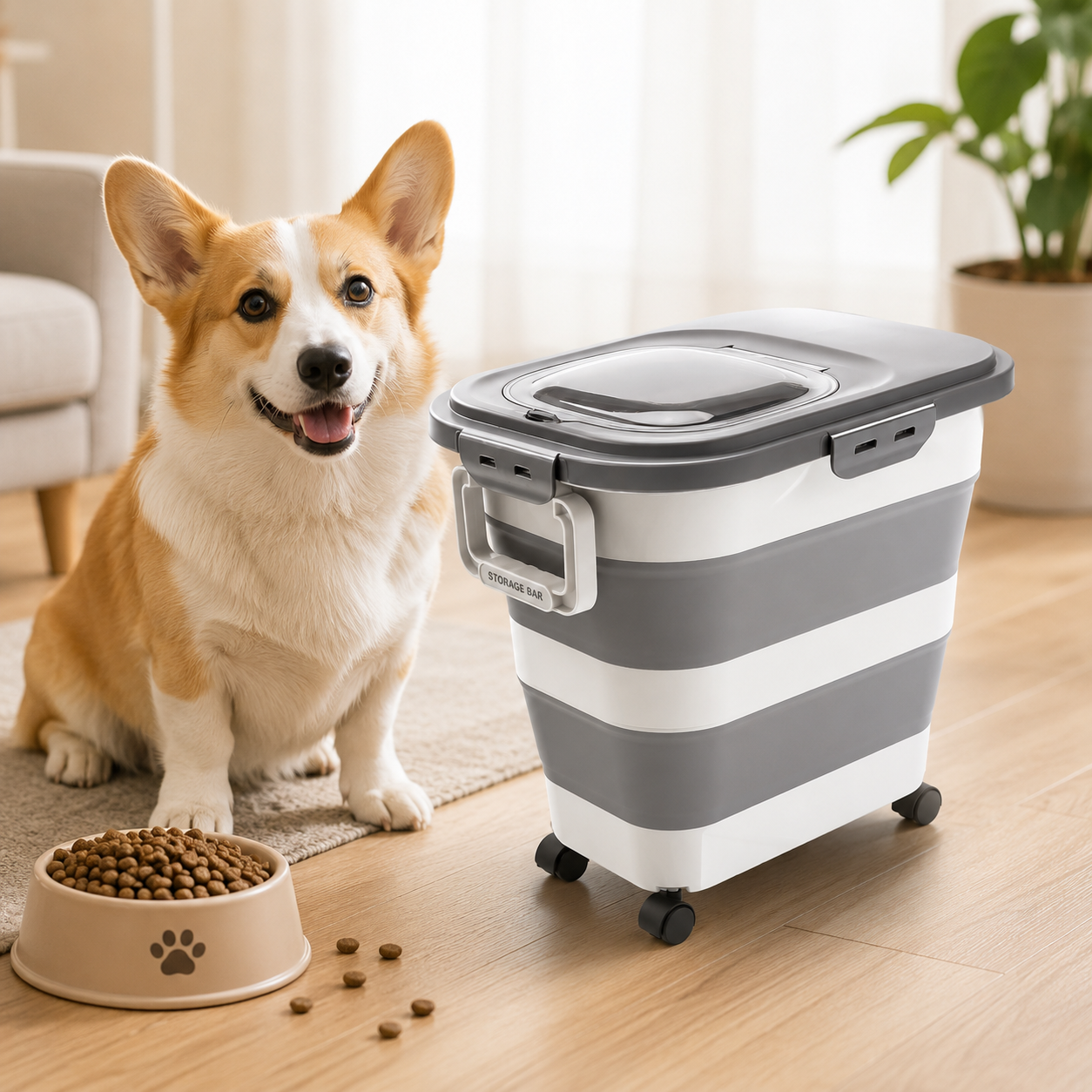Catfeeders 23-25 Lbs Airtight Dog Food Storage Container,Collapsible Dog Food Container with Lid,Wheels,Handle,Large Pet food storage Container with Scoop,Small Food Container for Pet