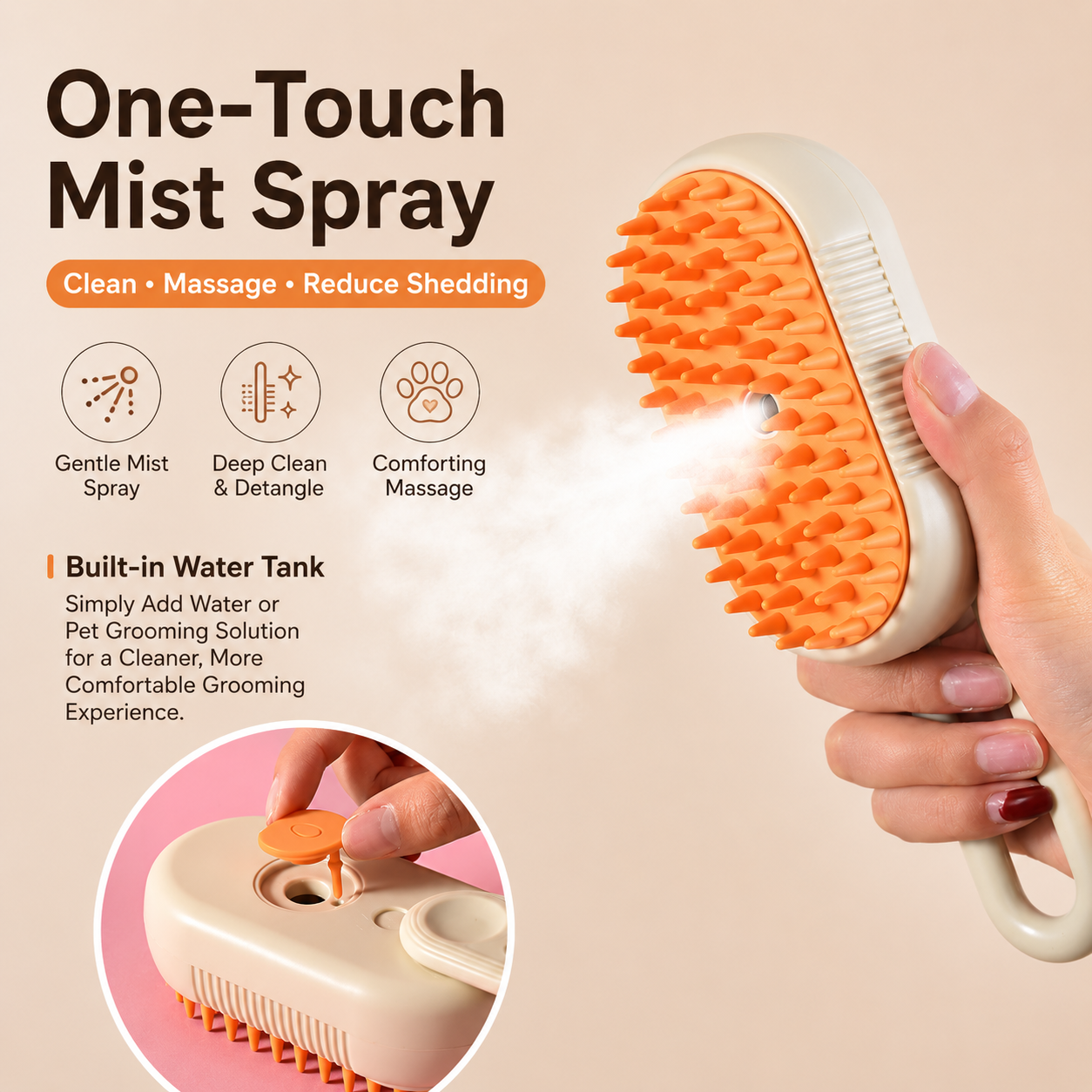 PawPlayHub One-Touch Mist Spray Pet Grooming Brush with Built-in Refill Water Tank, Anti-Static Detangling Massage Silicone Comb for Cat & Dog Shedding Removal