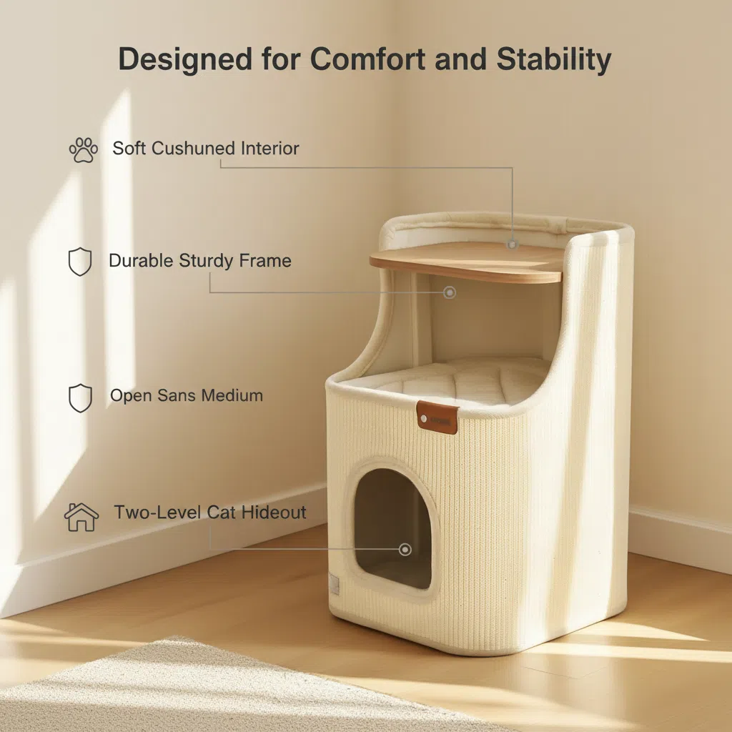 Durable multi-level cat house with plush cushioned beds, stable frame construction, and enclosed hideout for cat comfort and safety