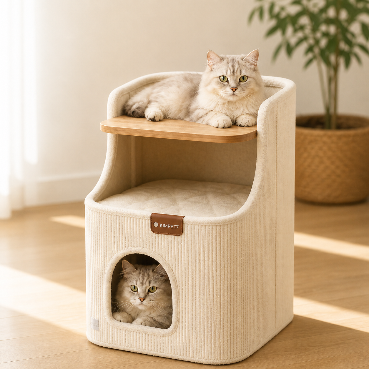 Double-decker cat cave bed with perch, cozy multi-level cat house for indoor cats