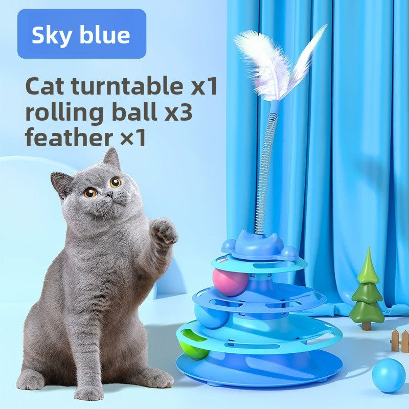 2-in-1 Cat Tur Toy with 3 Rolling Balls & Feather Wand | Interactive Track Tower for Indoor Cats