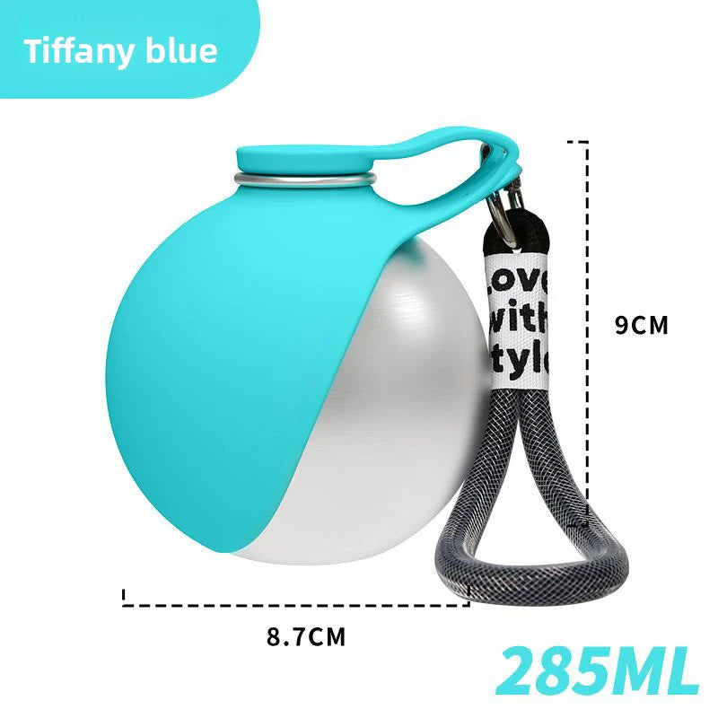 285ml Tiffany blue mini portable dog water bottle, 8.7×9cm 304 stainless steel leakproof pet travel drinking cup with carry lanyard