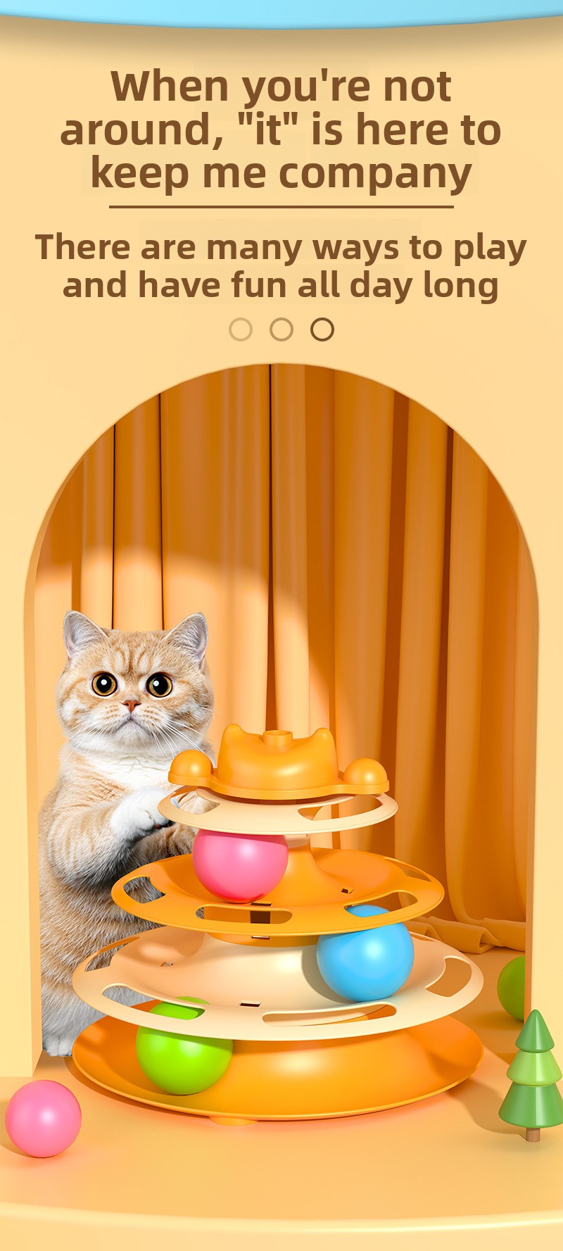 2-in-1 Cat Tur Toy with 3 Rolling Balls & Feather Wand | Interactive Track Tower for Indoor Cats