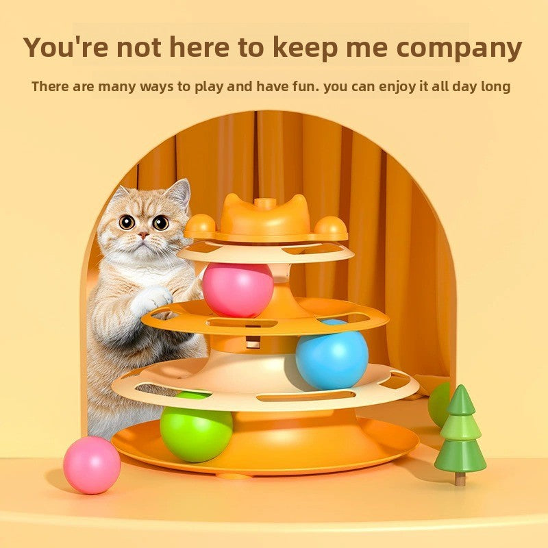 2-in-1 Cat Tur Toy with 3 Rolling Balls & Feather Wand | Interactive Track Tower for Indoor Cats