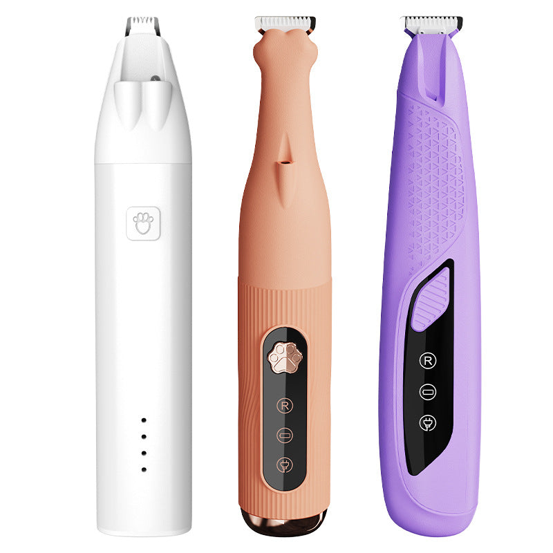 Three‑color rechargeable low‑noise pet foot shaver with LED light, safe blade design for dog and cat paw grooming