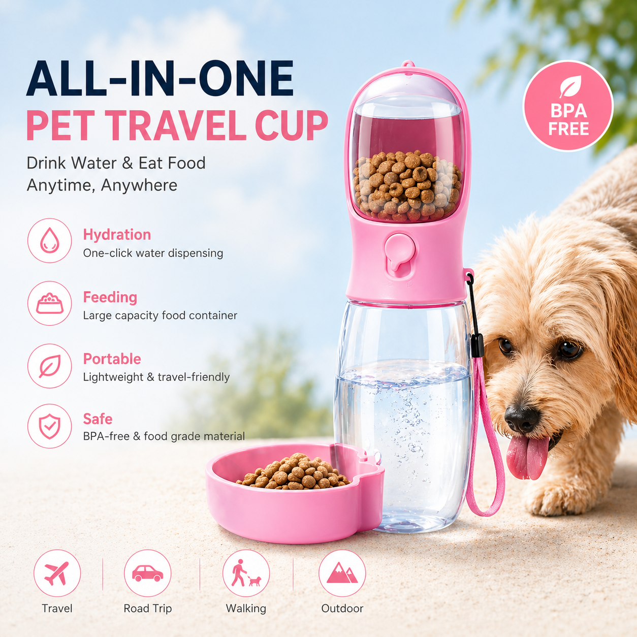 All-in-one pet travel cup with water and food container, BPA-free, portable for outdoor walks, travel and road trips