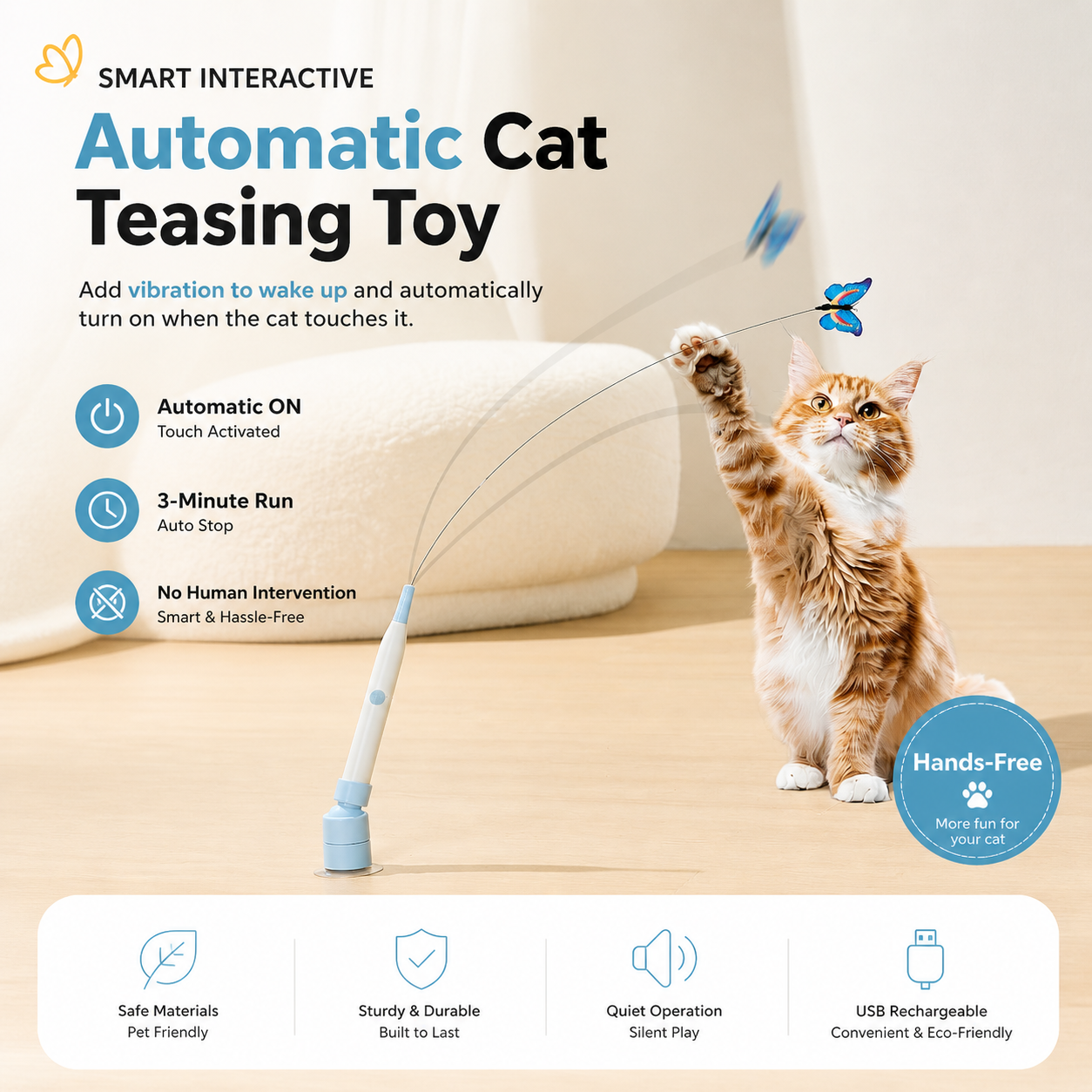 Automatic butterfly cat teaser toy with touch activation, vibration mode and auto shut-off, hands-free interactive play for indoor cats