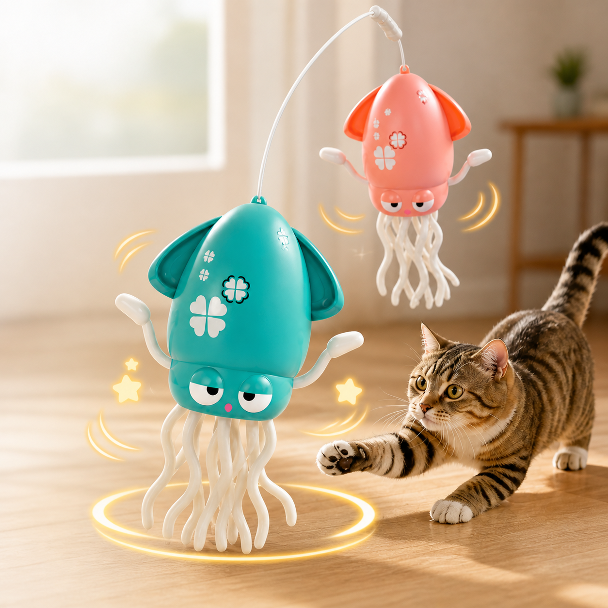 Automatic octopus interactive cat toy with wiggling tentacles, hands-free play to keep indoor cats active and mentally stimulated