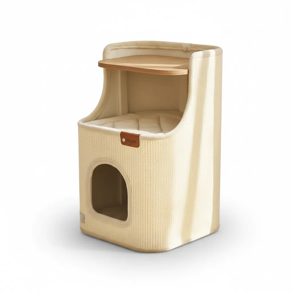 Space Saving Cat Tree with Scratching Post and Cozy Cat Bed All in One for Small Homes Year Round Use