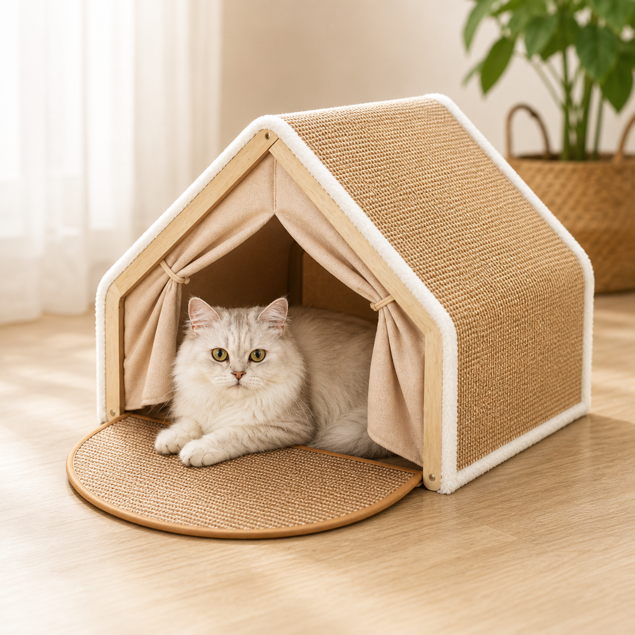 Wooden frame cat house with scratching sides, cozy tent bed for indoor cats to sleep and scratch

