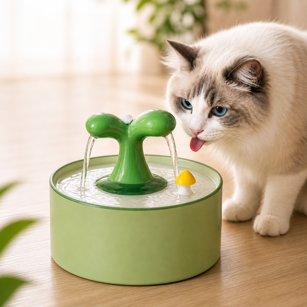 Ceramic cat water fountain with plant spout design, automatic circulating water bowl for indoor cats to drink fresh water