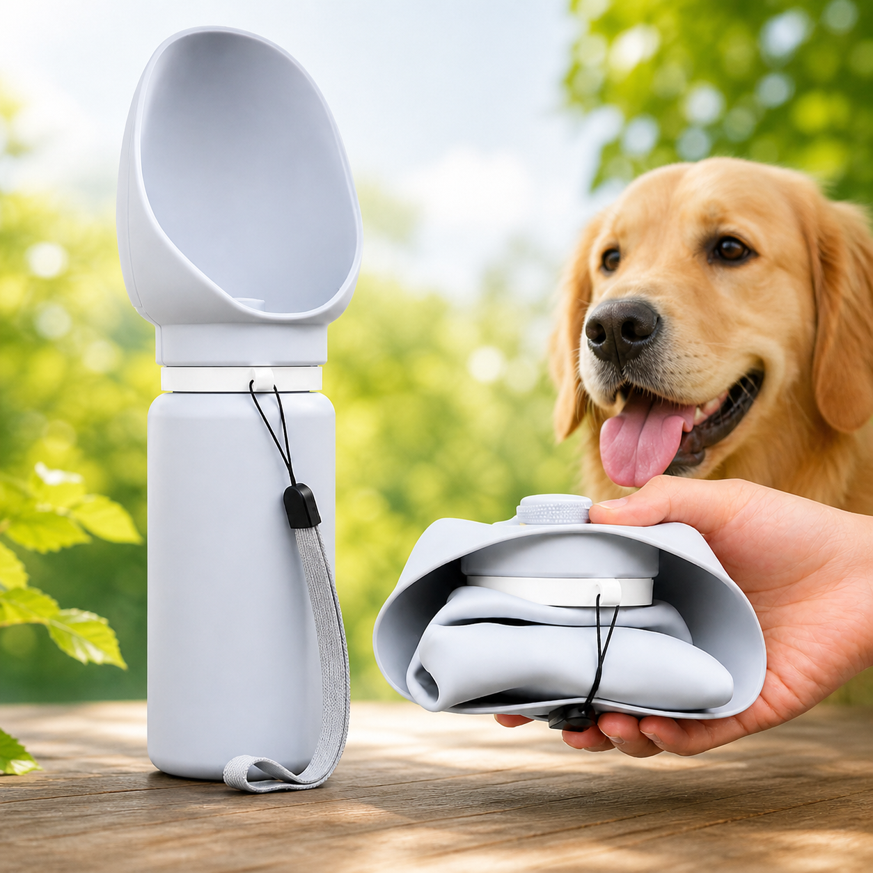 Collapsible portable dog water bottle, foldable and lightweight for outdoor walks and travel