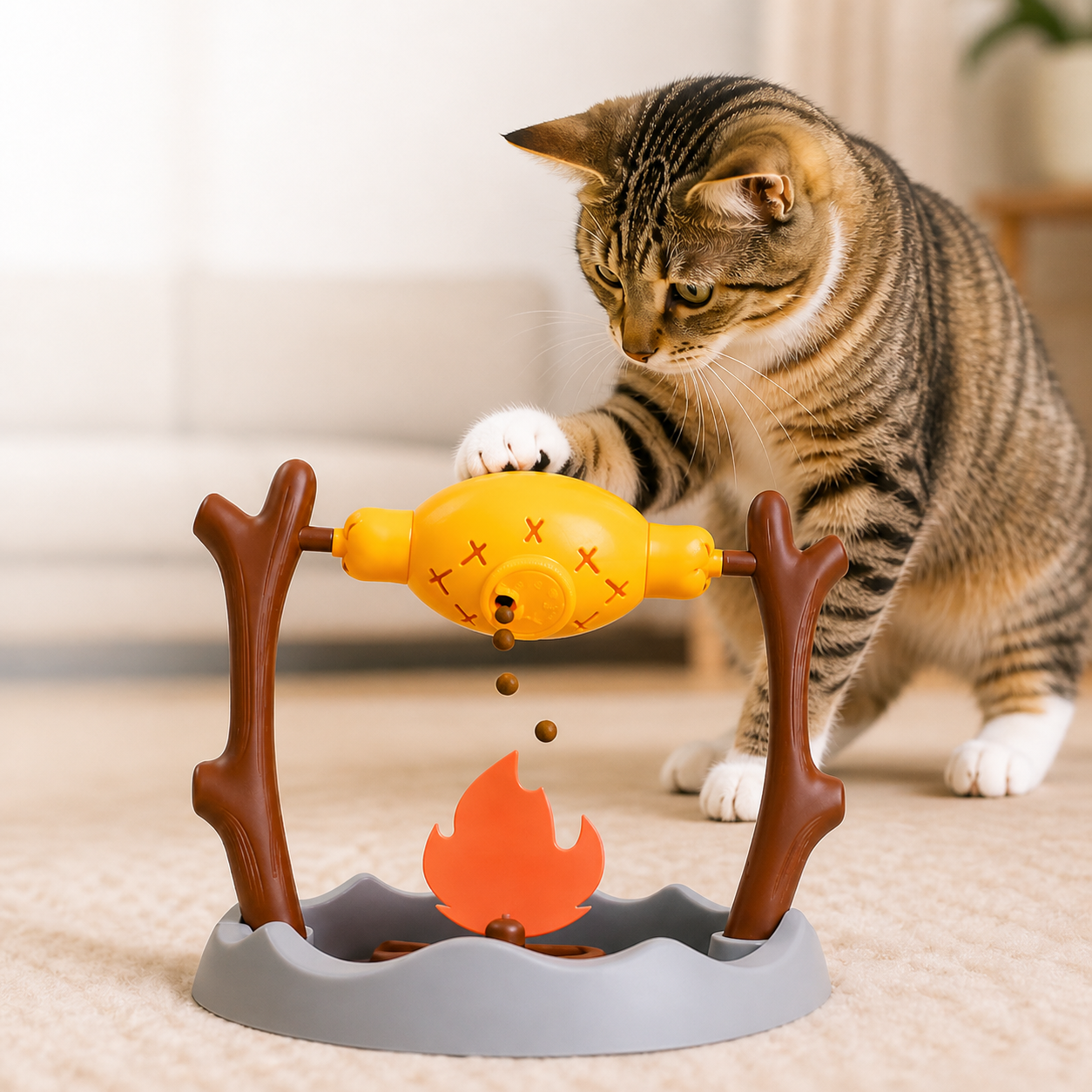Interactive cat treat dispenser toy with campfire design, slow feeder and boredom relief for indoor cats