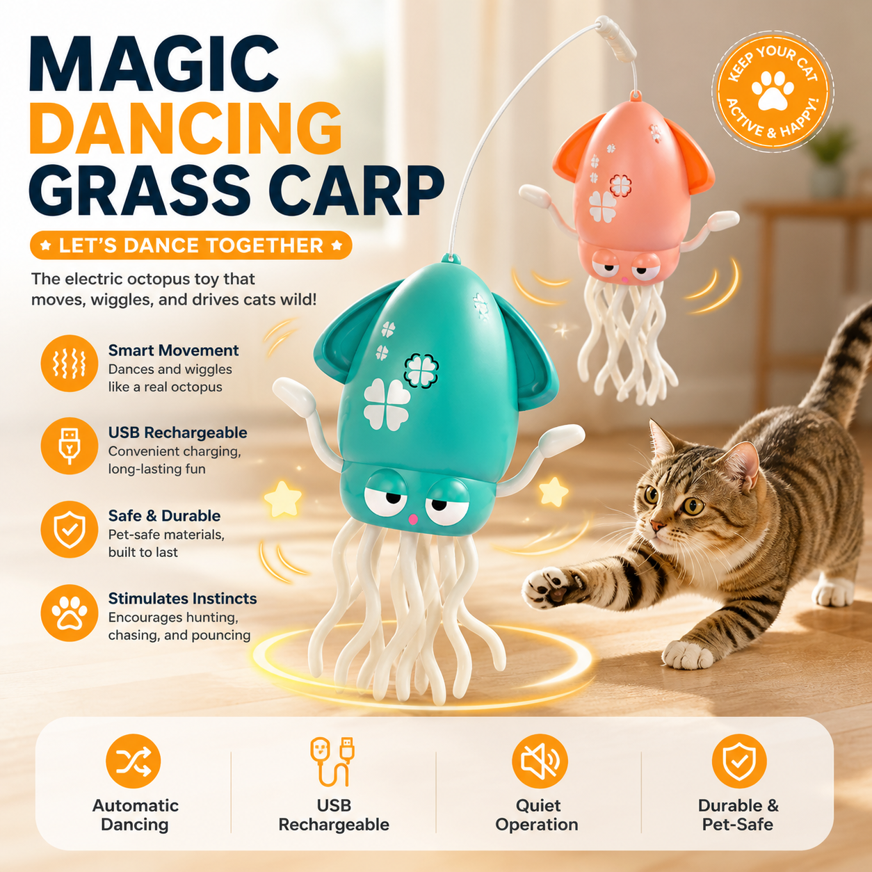 Interactive dancing octopus cat toy with smart movement, USB rechargeable, quiet operation to stimulate your cat's hunting instincts