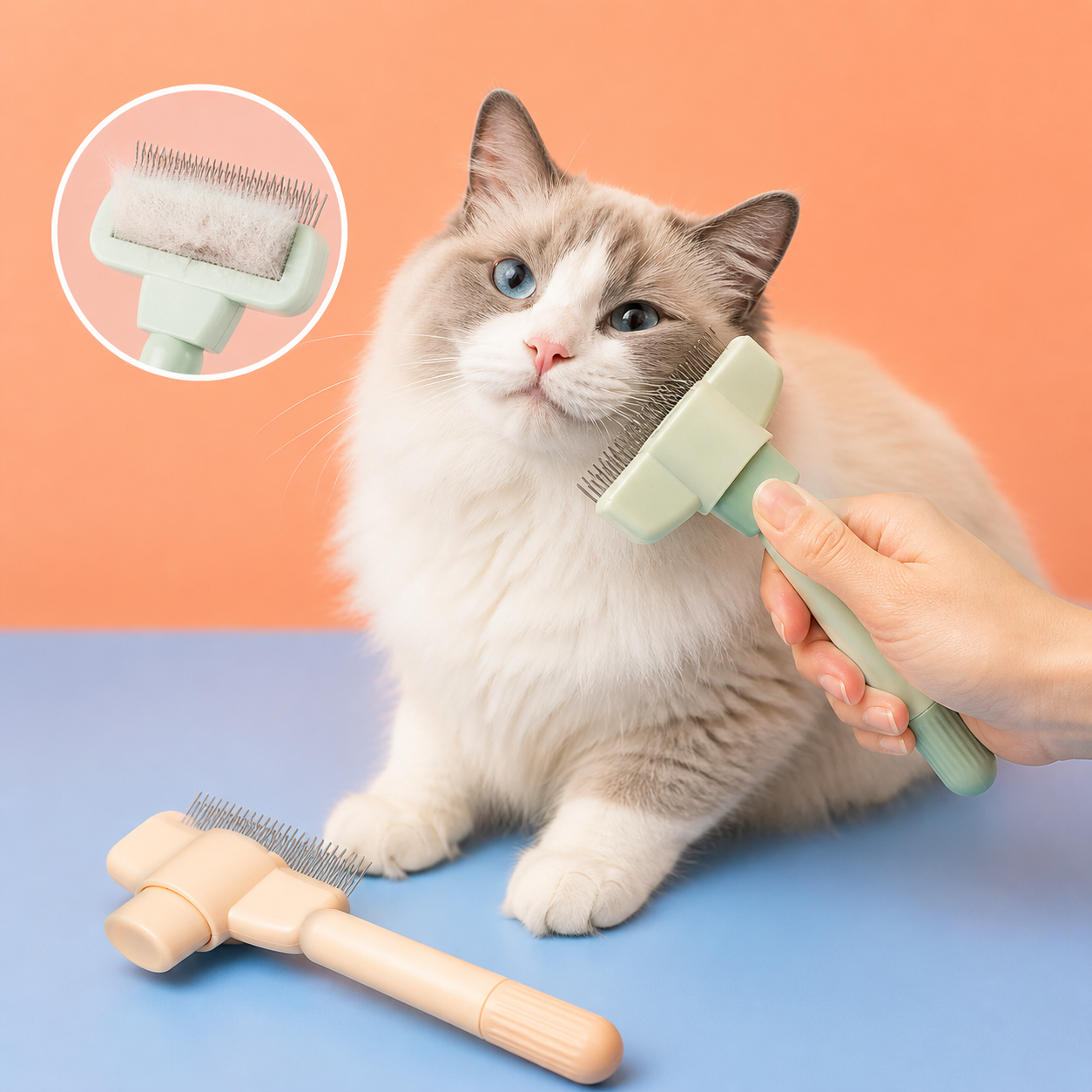 One-click self-cleaning pet slicker brush for cats and dogs, efficient shedding and grooming tool