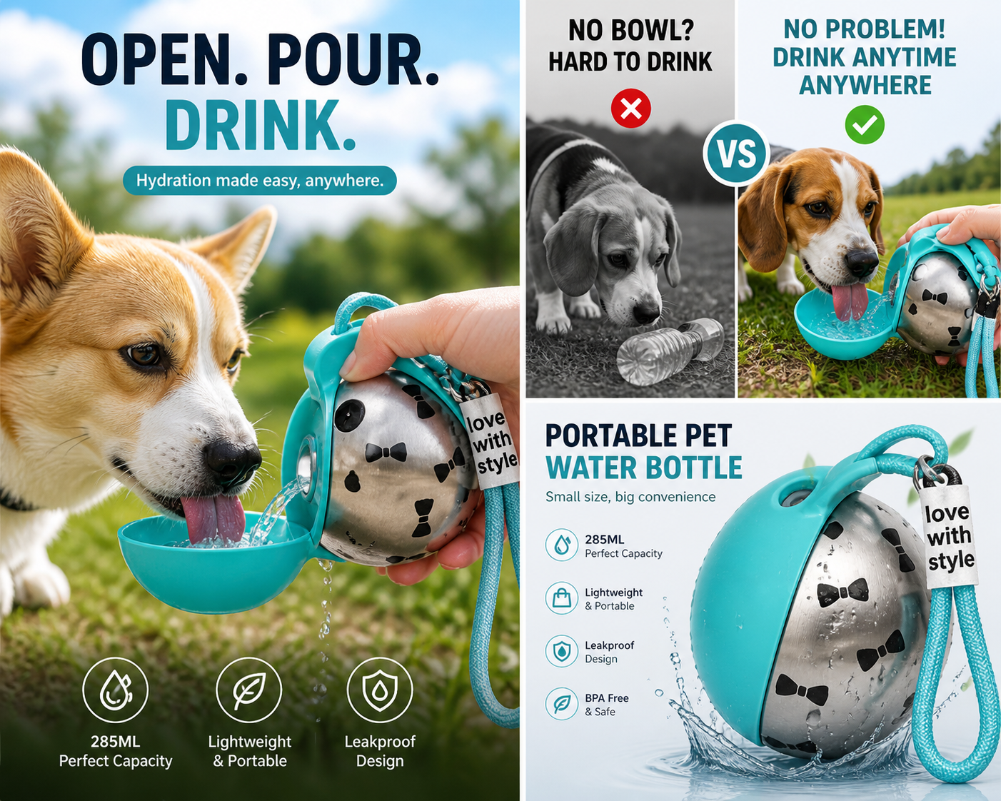 
Portable dog water bottle with easy open-pour design, leakproof 285ml travel water bowl for small to medium pets, perfect for outdoor walks