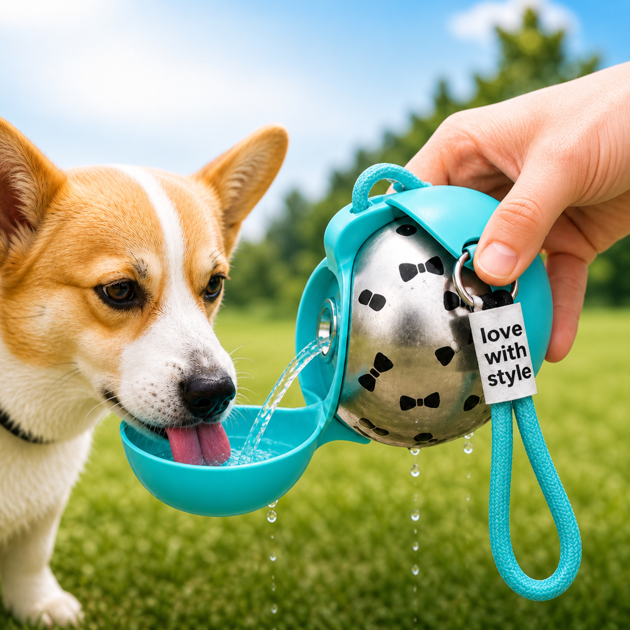 Portable dog water bottle with built-in travel bowl, leakproof and convenient for outdoor walks and adventures