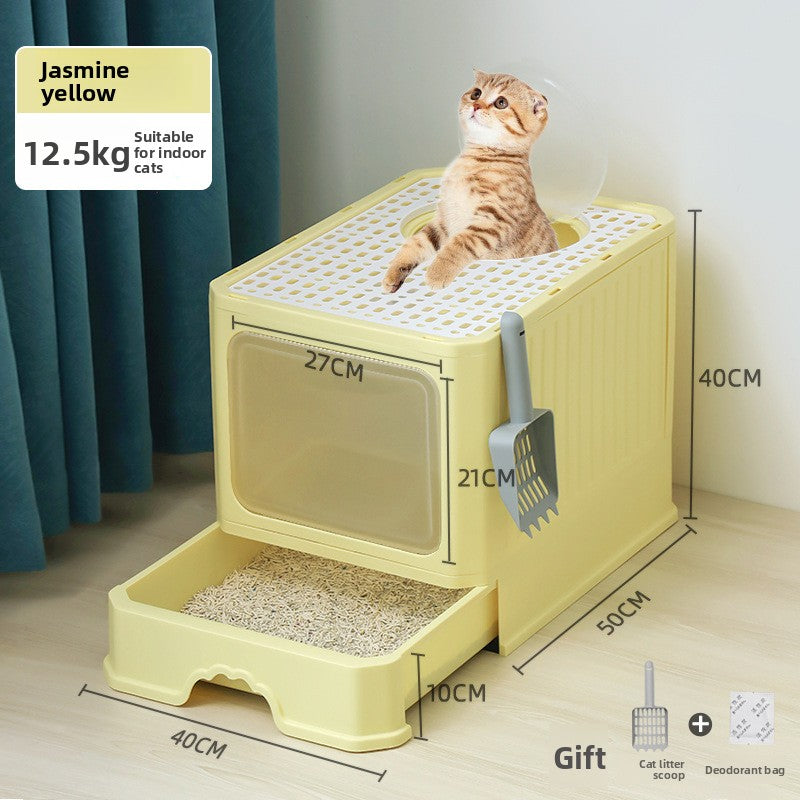 Large Enclosed Foldable Cat Litter Box with Drawer Odor Control and Anti Splash Design