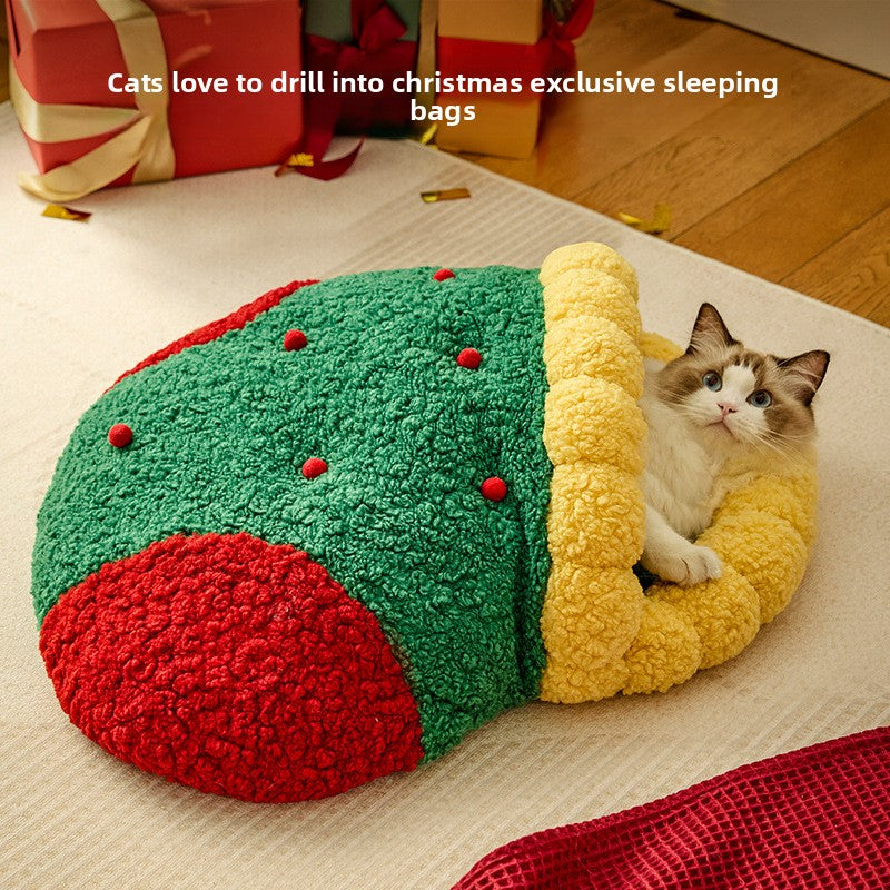 Christmas Tree Cat Nest Warm Winter Pet Bed Semi Enclosed Cozy Sleeping Spot for Cats