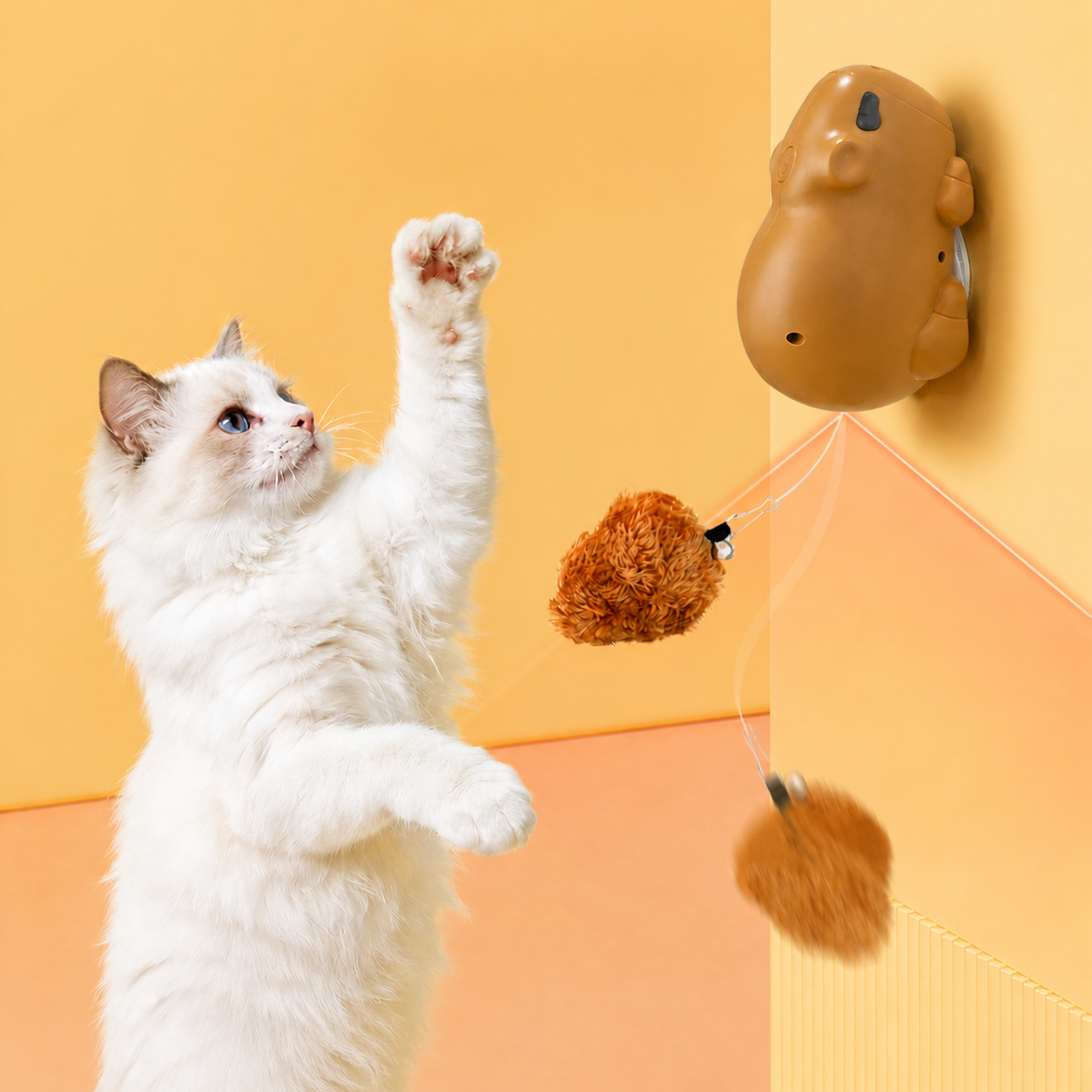 Wall-mounted interactive cat toy with swinging fuzzy balls, hands-free play to keep indoor cats active and engaged