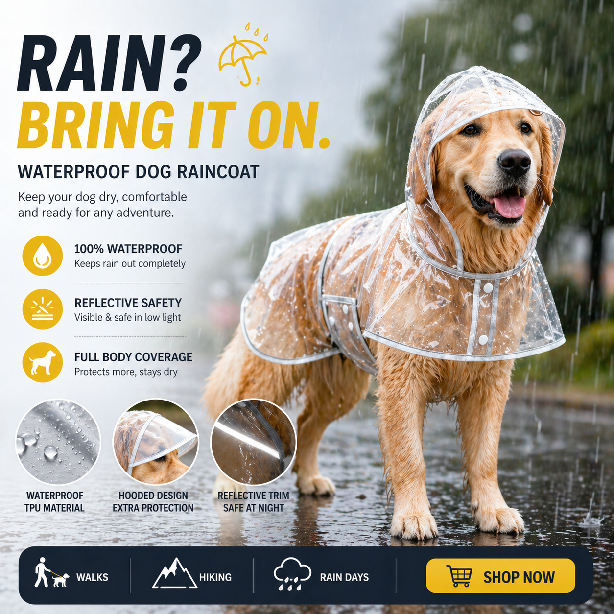 
Transparent waterproof dog raincoat with hood, reflective trim, full body coverage for walks and rainy days, keeps dogs dry and safe